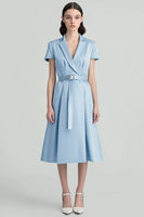 Load image into Gallery viewer, Sky Blue Satin Notched Lapel Midi Work Blazer Dress with Sleeves