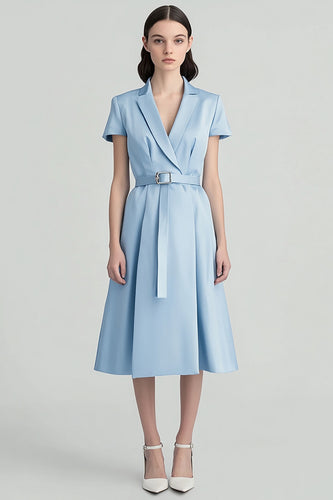 Sky Blue Satin Notched Lapel Midi Work Blazer Dress with Sleeves
