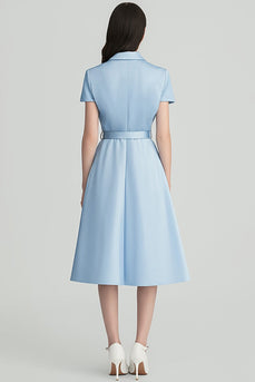 Sky Blue Satin Notched Lapel Midi Work Blazer Dress with Sleeves