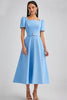 Load image into Gallery viewer, Sky Blue Satin A Line Square Neck Midi Work Dress with Sleeves