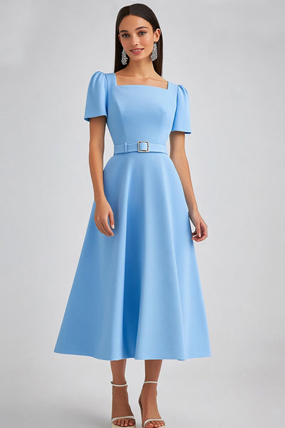 Sky Blue Satin A Line Square Neck Midi Work Dress with Sleeves