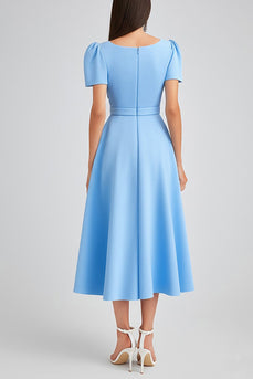 Sky Blue Satin A Line Square Neck Midi Work Dress with Sleeves