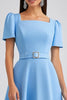Load image into Gallery viewer, Sky Blue Satin A Line Square Neck Midi Work Dress with Sleeves