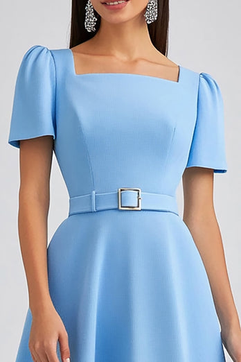 Sky Blue Satin A Line Square Neck Midi Work Dress with Sleeves