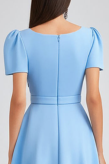 Sky Blue Satin A Line Square Neck Midi Work Dress with Sleeves