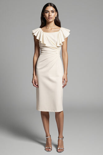 Ivory Bodycon Midi Satin Work Dress with Ruffles