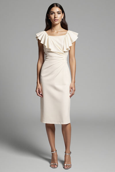 Ivory Bodycon Midi Satin Work Dress with Ruffles