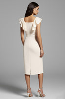 Load image into Gallery viewer, Ivory Bodycon Midi Satin Work Dress with Ruffles