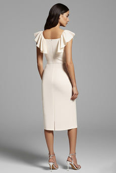 Ivory Bodycon Midi Satin Work Dress with Ruffles