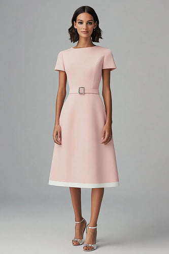 Pink Satin Bateau Neck A Line Midi Work Dress