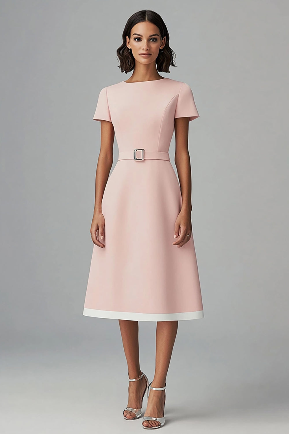 Pink Satin Bateau Neck A Line Midi Work Dress