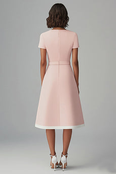 Pink Satin Bateau Neck A Line Midi Work Dress