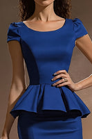 Load image into Gallery viewer, Dark Blue Satin Bodycon Short Work Dress with Ruffles