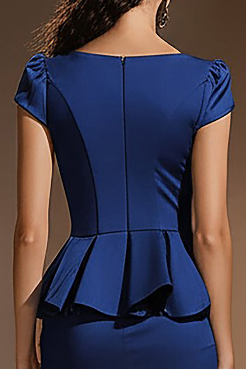 Load image into Gallery viewer, Dark Blue Satin Bodycon Short Work Dress with Ruffles