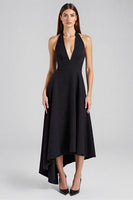 Load image into Gallery viewer, Satin A Line Halter Backless Long Black Tie Dress