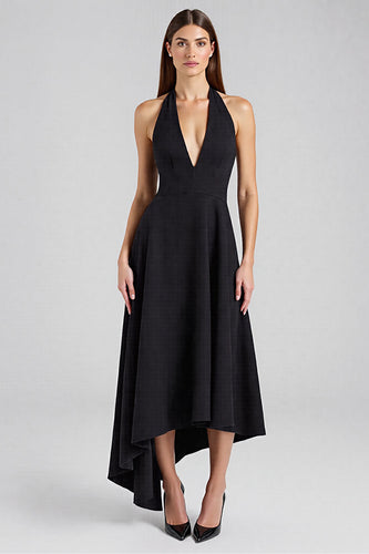 Satin A Line Halter Backless Long Black Tie Dress