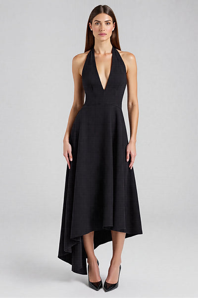 Satin A Line Halter Backless Long Black Tie Dress