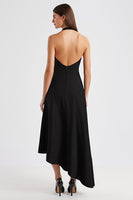 Load image into Gallery viewer, Satin A Line Halter Backless Long Black Tie Dress