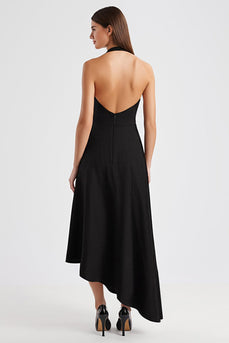 Satin A Line Halter Backless Long Black Tie Dress