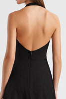 Load image into Gallery viewer, Satin A Line Halter Backless Long Black Tie Dress