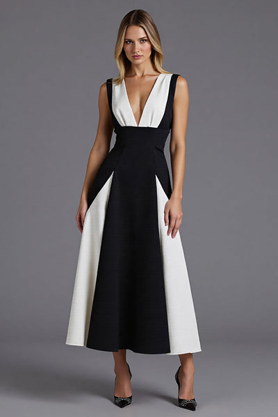 Black and White Patchwork Satin A Line Backless Long Formal Dress