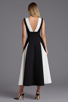Black and White Patchwork Satin A Line Backless Long Formal Dress