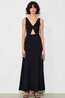 Load image into Gallery viewer, Satin Cut Out A Line V-Neck Long Black Tie Dress