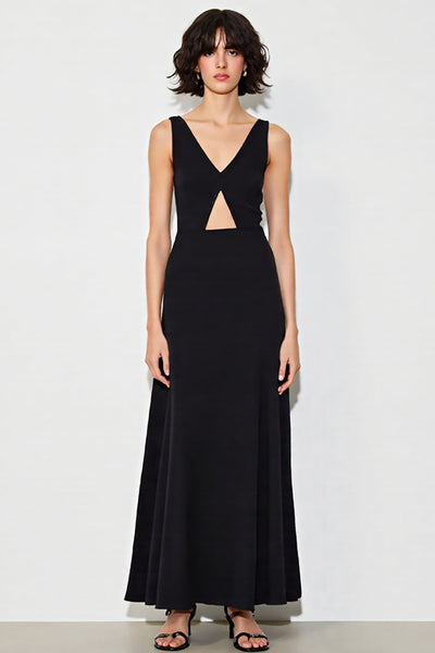Satin Cut Out A Line V-Neck Long Black Tie Dress