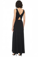 Load image into Gallery viewer, Satin Cut Out A Line V-Neck Long Black Tie Dress