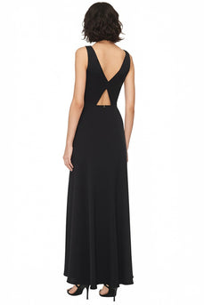 Satin Cut Out A Line V-Neck Long Black Tie Dress