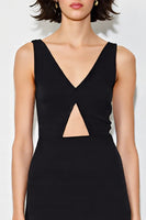 Load image into Gallery viewer, Satin Cut Out A Line V-Neck Long Black Tie Dress