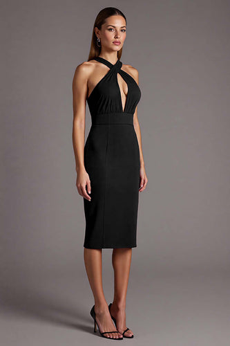 Black Satin Halter Bodycon Keyhole Midi Cocktail Dress