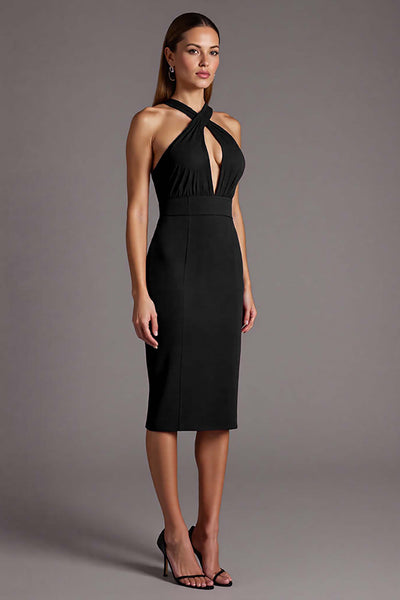 Black Satin Halter Bodycon Keyhole Midi Cocktail Dress