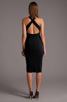 Load image into Gallery viewer, Black Satin Halter Bodycon Keyhole Midi Cocktail Dress