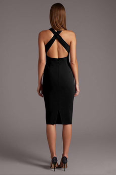 Black Satin Halter Bodycon Keyhole Midi Cocktail Dress