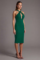 Load image into Gallery viewer, Black Satin Halter Bodycon Keyhole Midi Cocktail Dress