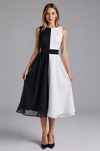 Black and White Chiffon Patchwork A Line Midi Cocktail Dress