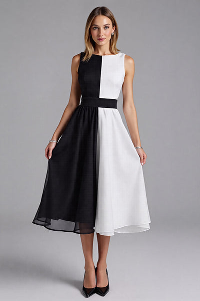 Black and White Chiffon Patchwork A Line Midi Cocktail Dress