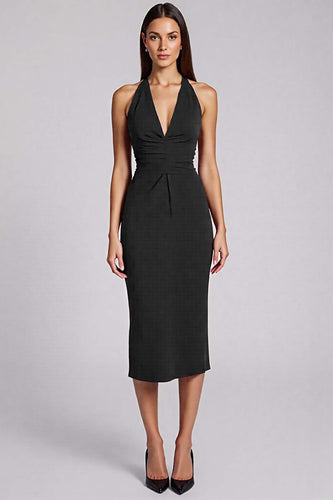 Black Satin Bodycon Backless Midi Halter Cocktail Dress