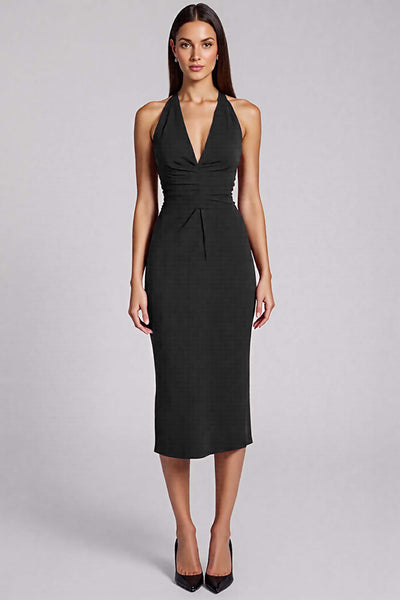 Black Satin Bodycon Backless Midi Halter Cocktail Dress