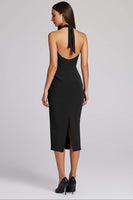 Load image into Gallery viewer, Black Satin Bodycon Backless Midi Halter Cocktail Dress