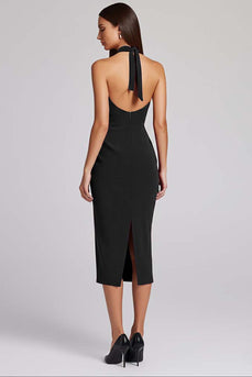 Black Satin Bodycon Backless Midi Halter Cocktail Dress