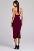 Load image into Gallery viewer, Black Satin Bodycon Backless Midi Halter Cocktail Dress