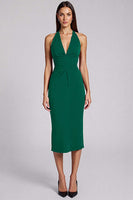 Load image into Gallery viewer, Black Satin Bodycon Backless Midi Halter Cocktail Dress