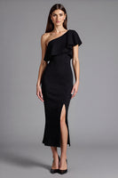Load image into Gallery viewer, Satin Ruffled Shoulder Long Black Tie Dress with Slit