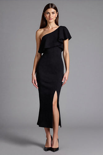 Satin Ruffled Shoulder Long Black Tie Dress with Slit