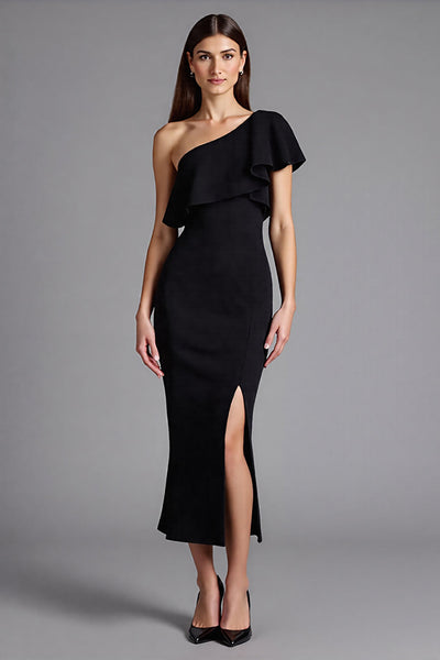 Satin Ruffled Shoulder Long Black Tie Dress with Slit