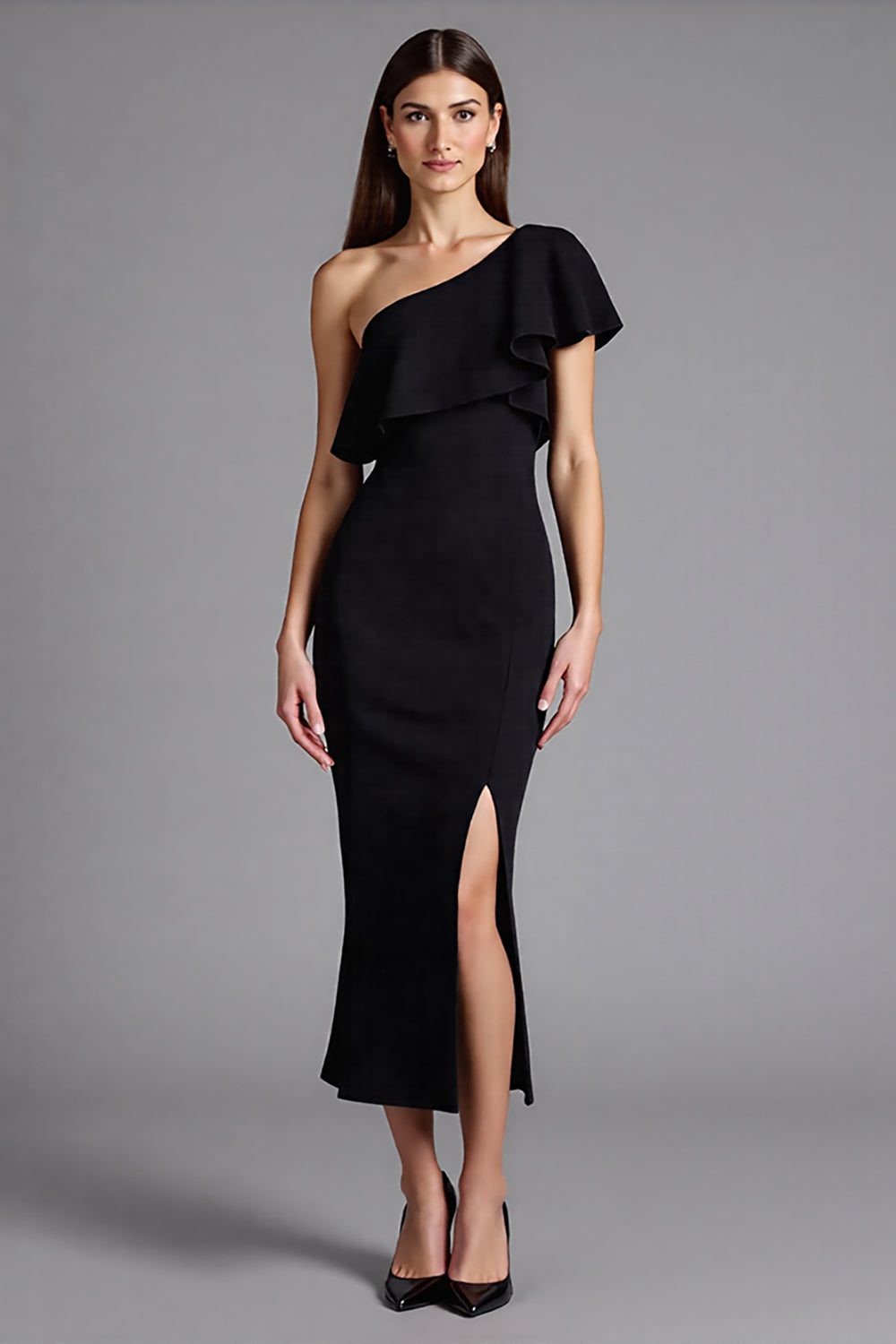 Satin Ruffled Shoulder Long Black Tie Dress with Slit