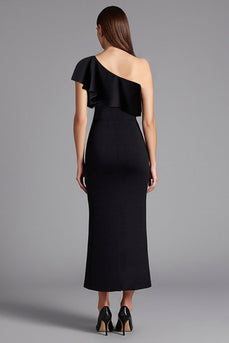 Satin Ruffled Shoulder Long Black Tie Dress with Slit