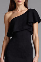 Load image into Gallery viewer, Satin Ruffled Shoulder Long Black Tie Dress with Slit